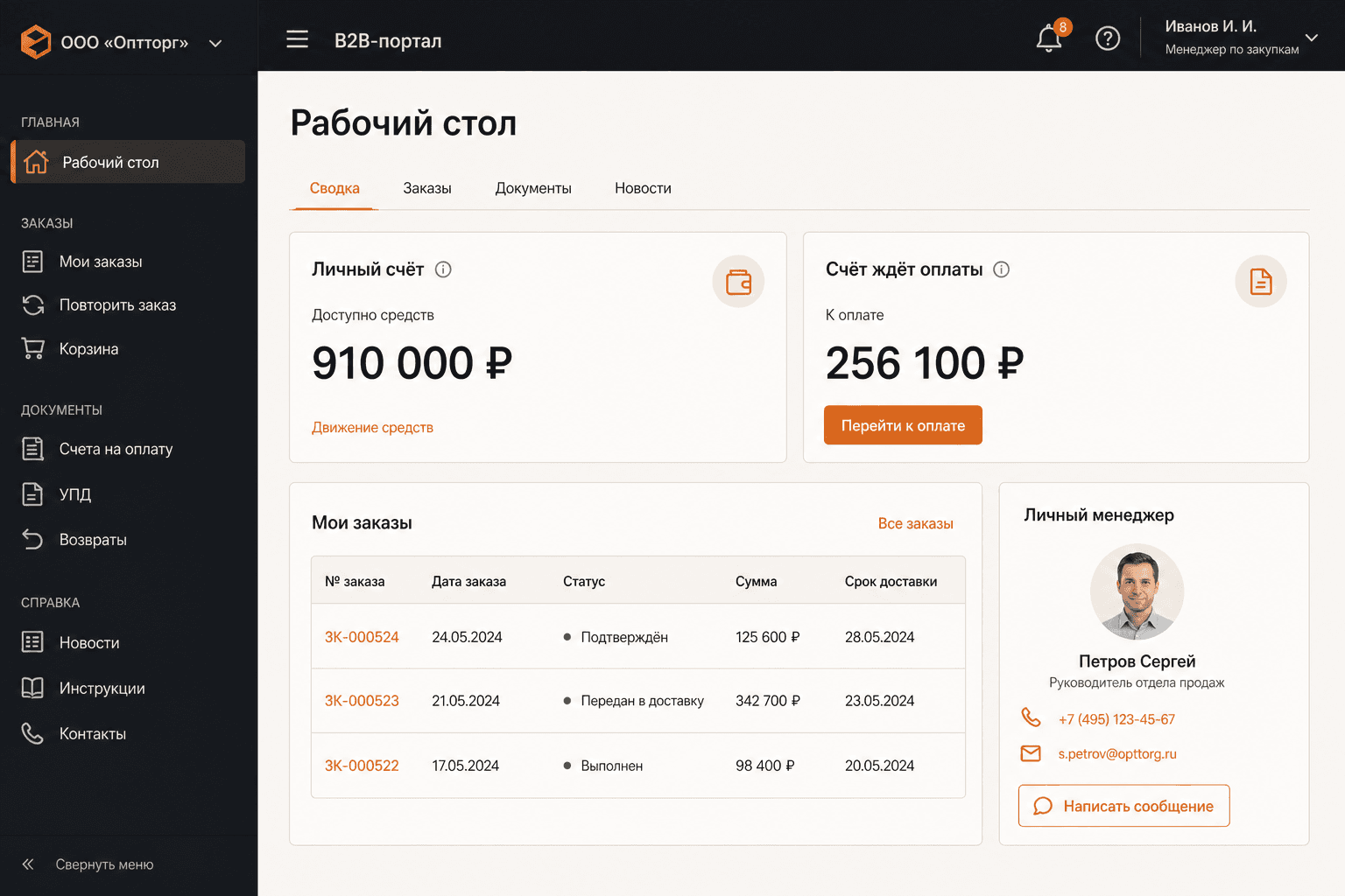 Рабочий стол B2B-кабинета: счёт, заказы, личный менеджер